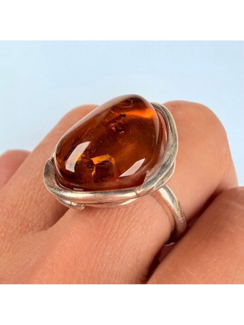 Modernist 9.8 CT Baltic Honey Amber Nested Sterling Silver VITGE Ring Adjustable - Picture 4 of 11